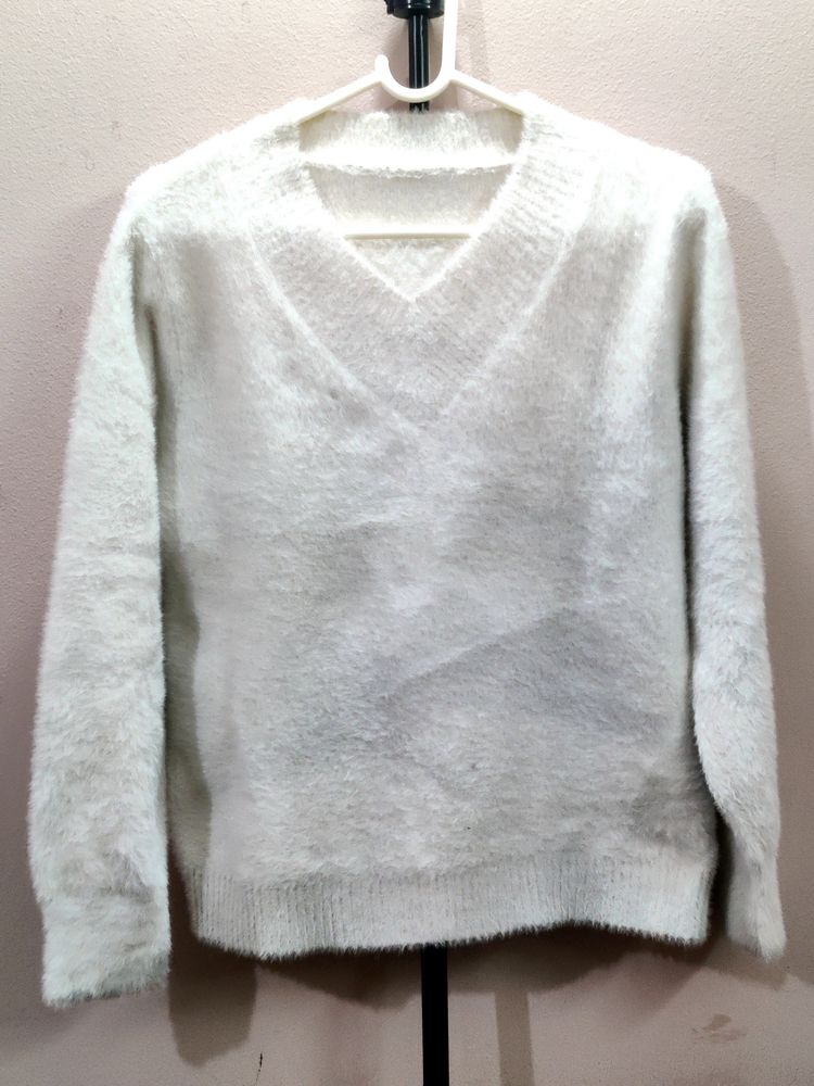 premium imported white V-neck mohair sweater.