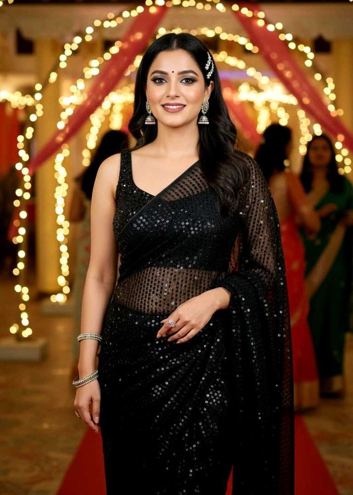 Sparkling Black Net Saree