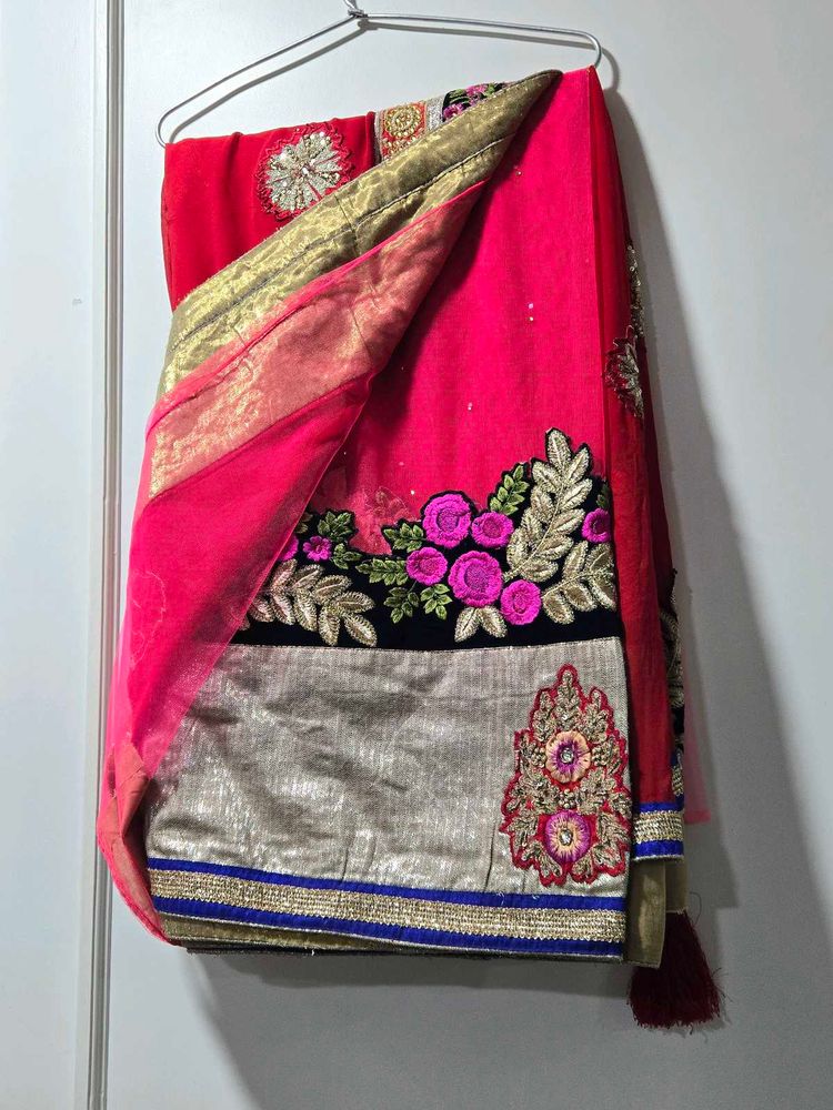 Elegant Pink half /half Embroidered Saree