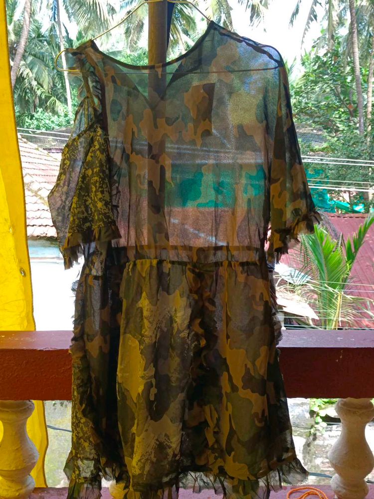 Camo Print Ruffle Mini Dress/ Top
