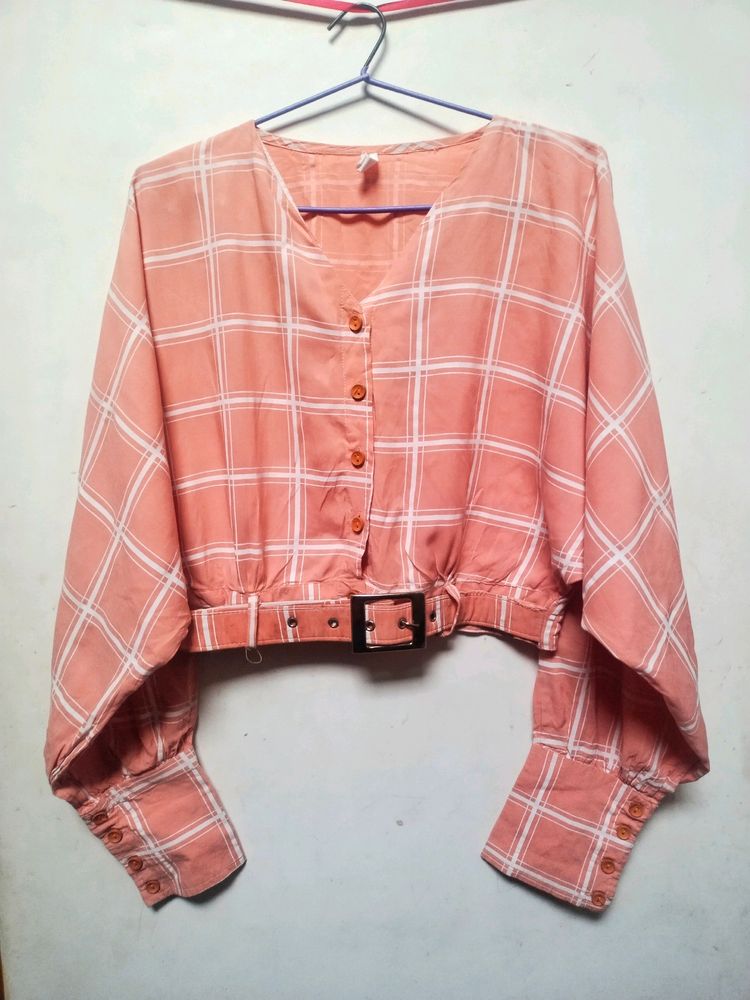 PINK BALLOON SLEEVES CROP TOP WITH BELT