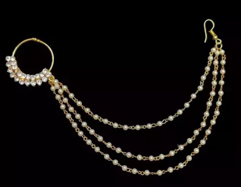 Diamond Gold Plated Nose Ring with 3 Chains