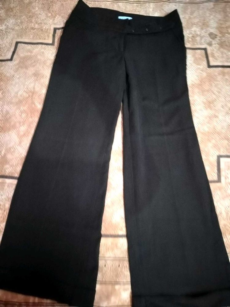 Wide Leg Black Pants With Attached Belt