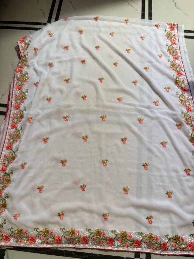 pure white Elegant Embroidered Sare