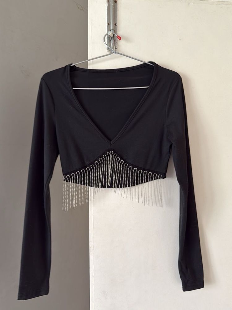 Black Fringe Crop Top
