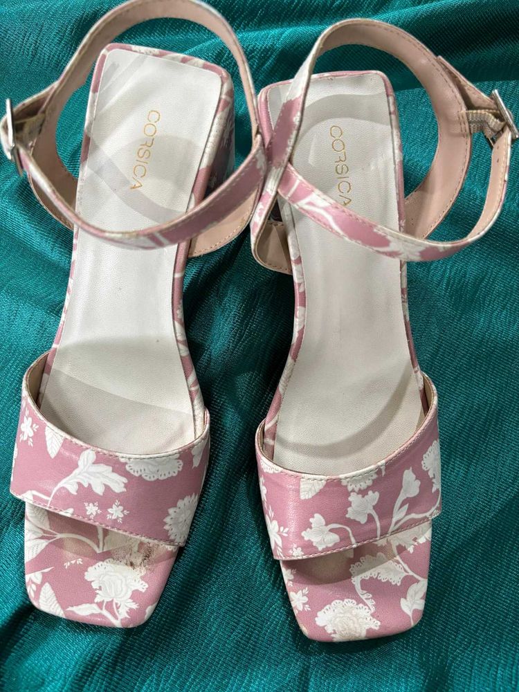 Peach Coloured&amp;White Floral Print Block Heel