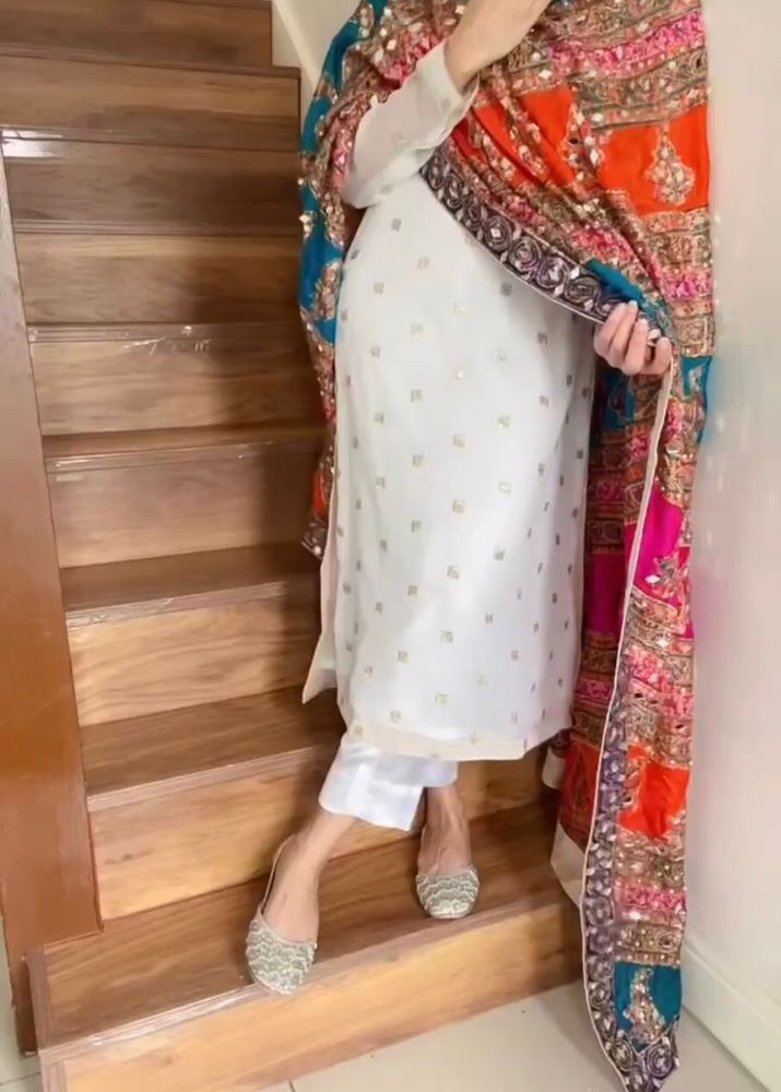 White Chinon Suit With Multicolor Dupatta