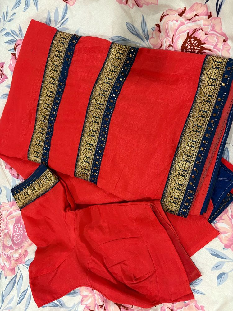 Elegant Dark Peach Saree With Stitched Blouse