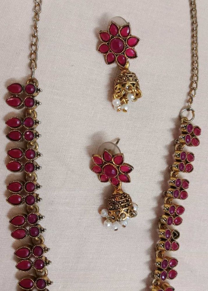 Red &amp; Gold Jhumka Necklace Set