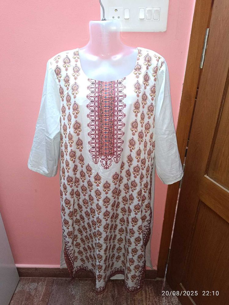 Xxl Branded Elegant White Printed Kurta