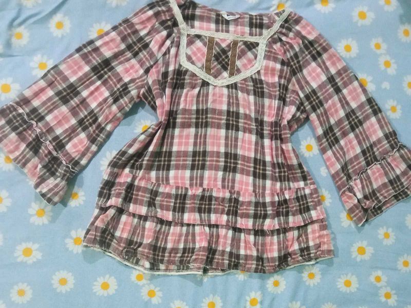 Pink &amp; Brown Plaid Ruffle Top