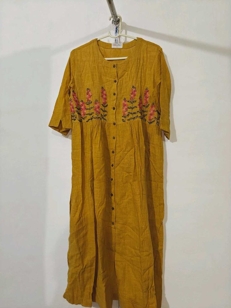 Floral Embroidered Mustard Dress
