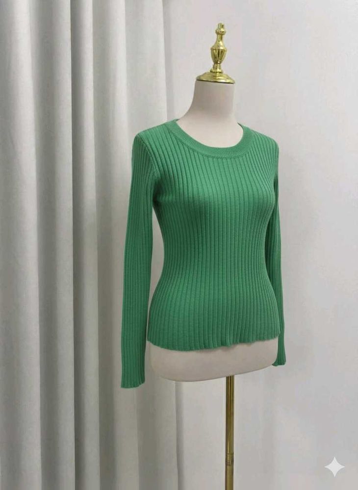 Green Ribbed Long Sleeve Top