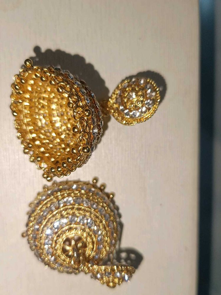 Gold Plated Embellished Earrings With White Zircon