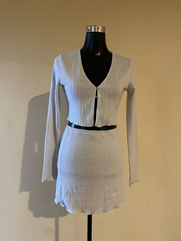Ribbed Knit Cardigan and Skirt Set
