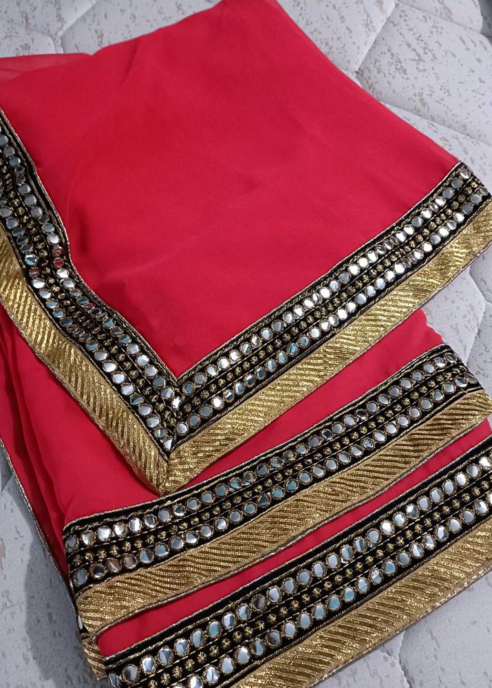 Red And Gold Toned Sequence Embroidered Saree