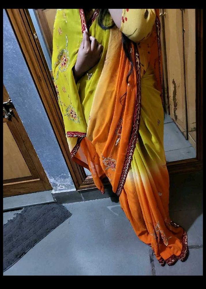 Embroider yellow 19s saree without blouse