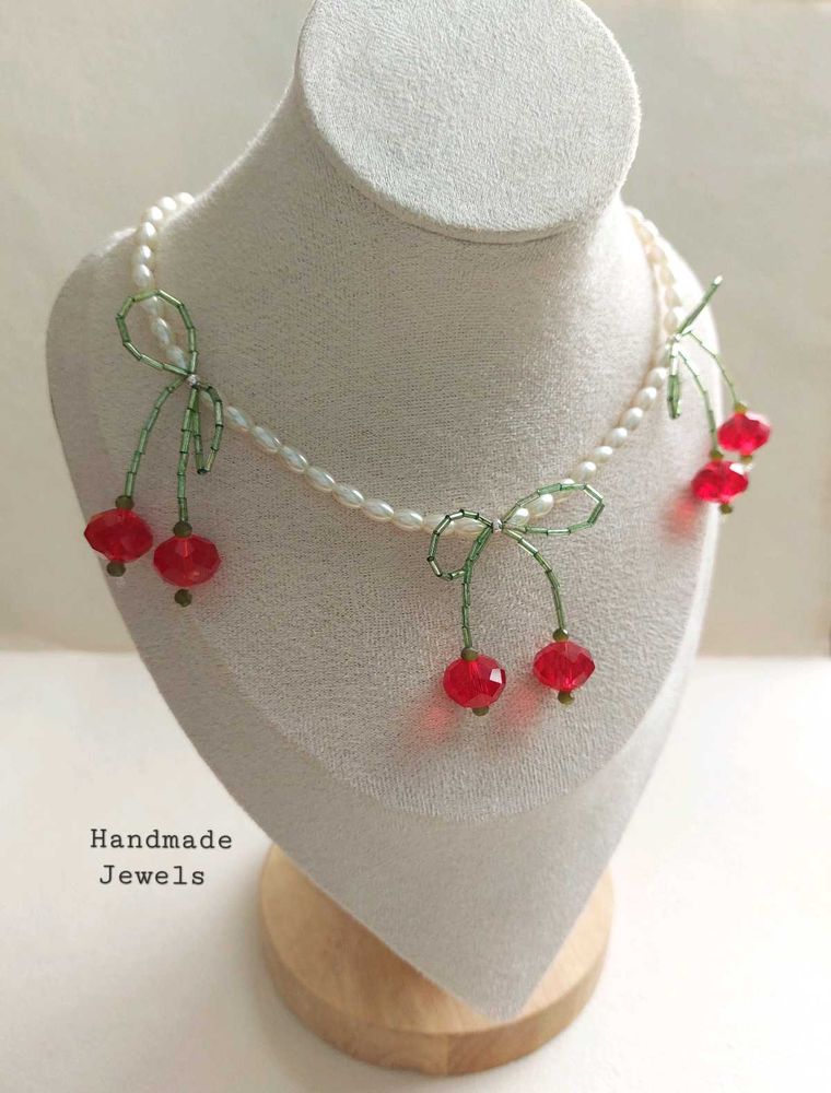 Pinterest Inspired Pearl And Cherry Bow Necklace