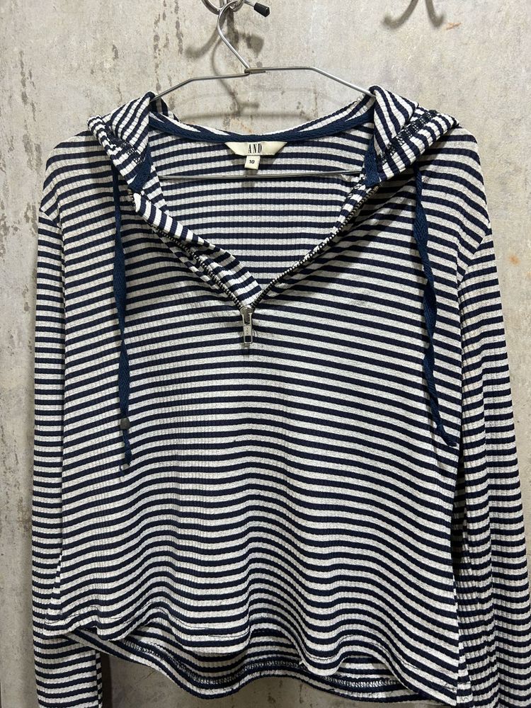 AND Women Navy &amp; White Stripped Hooded T-shirt