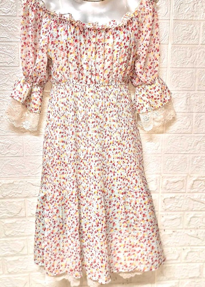 Mini Floral Off Shoulder Blue Dress Fixed Price