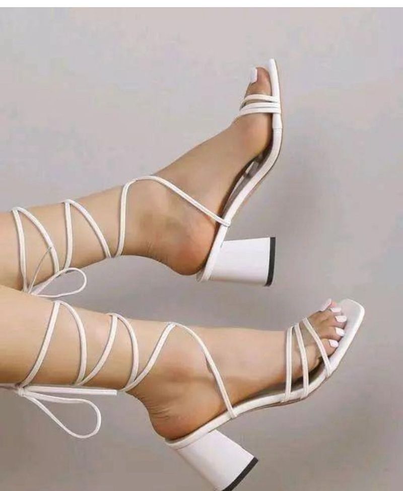 White Lace Up  Block Heels