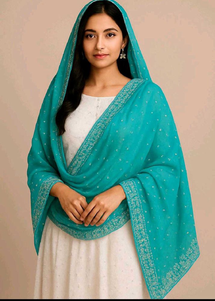 sky-blue dupatta with silver embroidery design