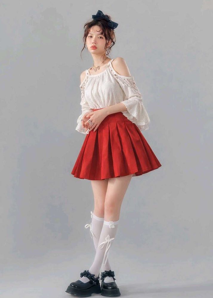 red white lolita pleated lace off shoulder dress