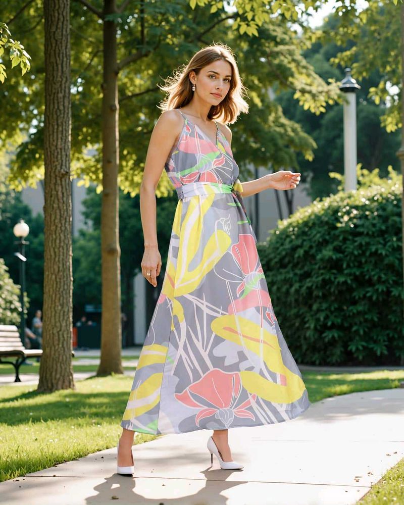 Abstract Print Flared Hem Maxi Length A-line Dress