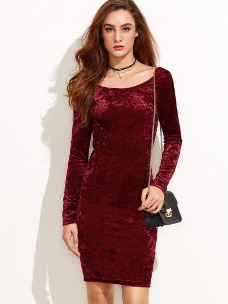 Burgundy Velvet Long Sleeve Dress- Size Small