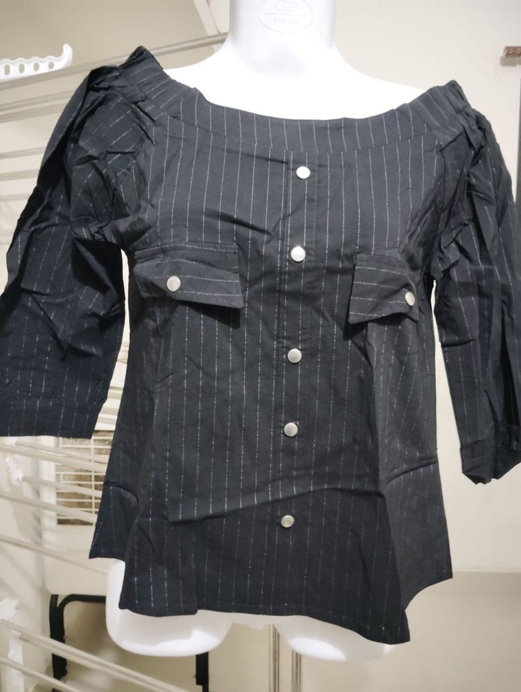 balloons sleeve Striped Off-Shoulder Top