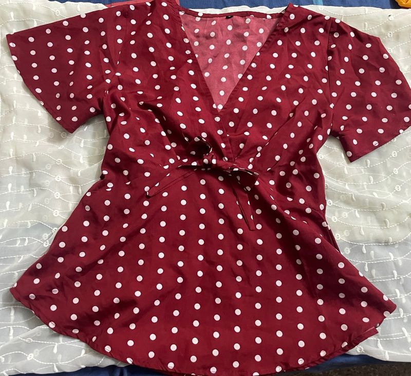 Casual Flared Sleeves Printed Women Maroon Top