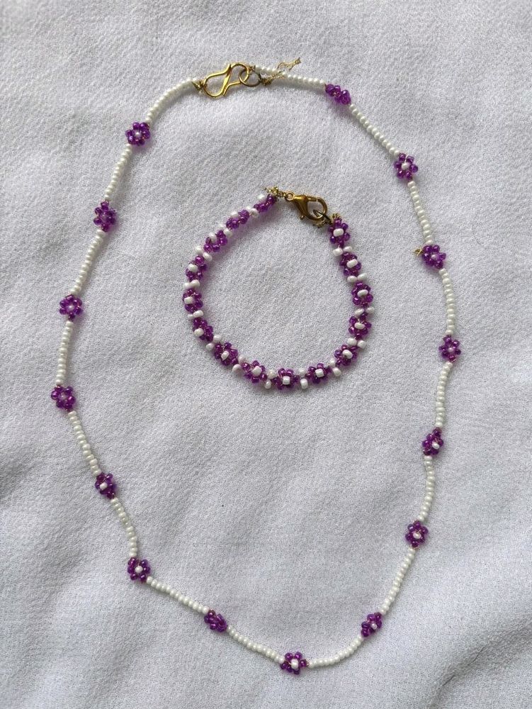 Flower Beaded Choker With Bracelet