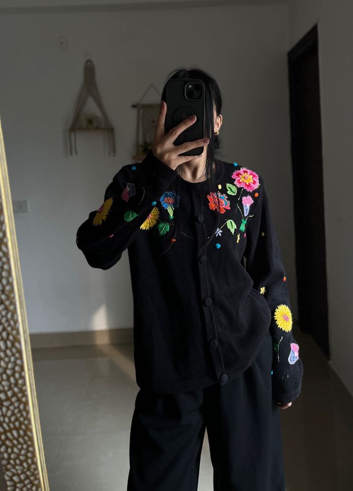 BEREK BLACK FLORAL Hand Embroidered Sweater
