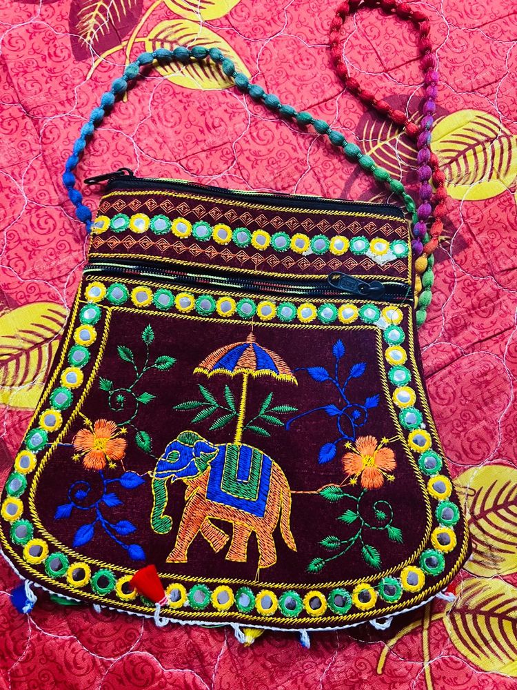 Embroidered Elephant Crossbody Bag