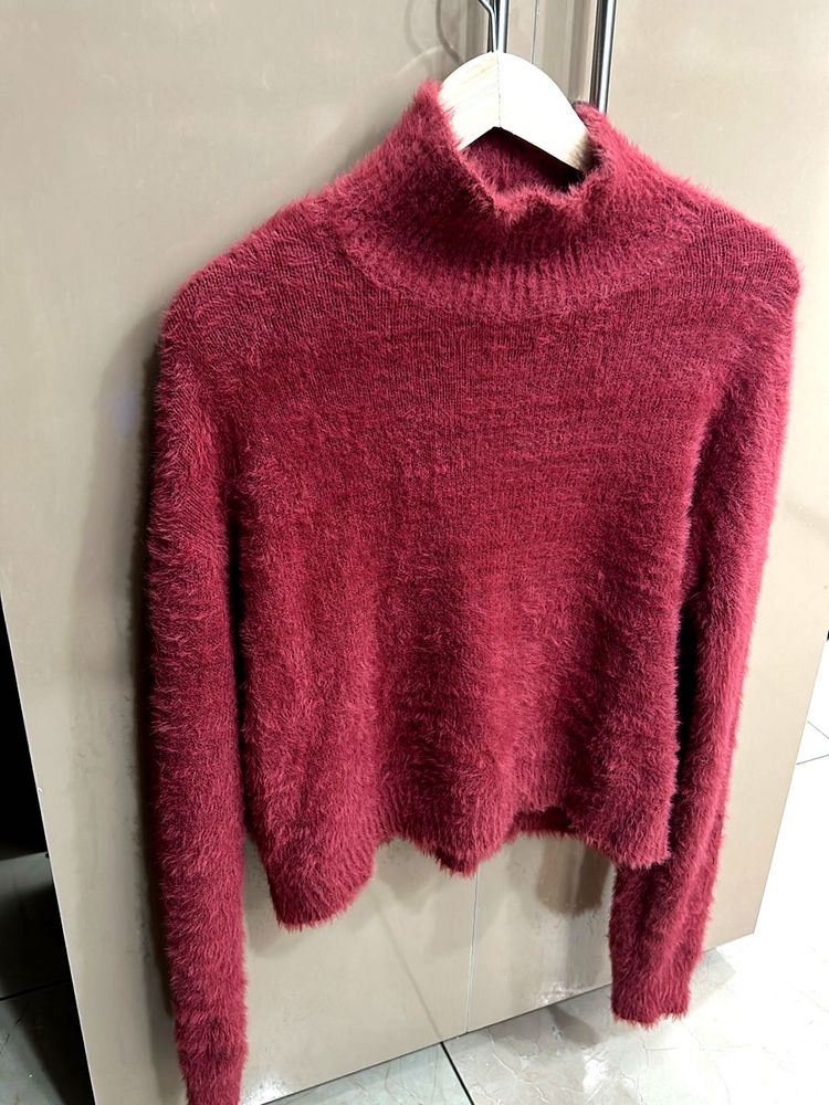 Burgundy Fuzzy Turtleneck Sweater