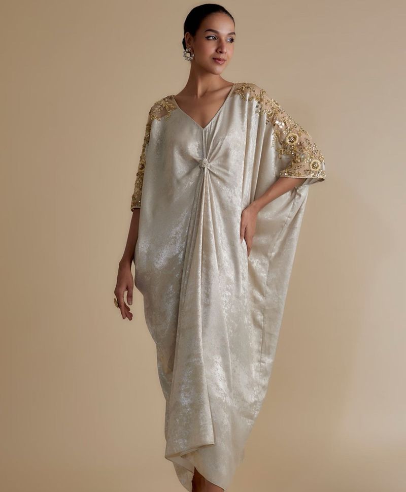 V-neck Floral SleeveEmbroidered Kaftan Dress
