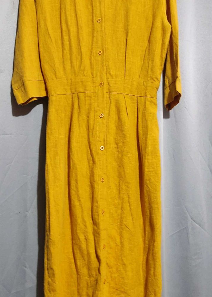 Mustard Yellow Linen Button-Down Midi Dress