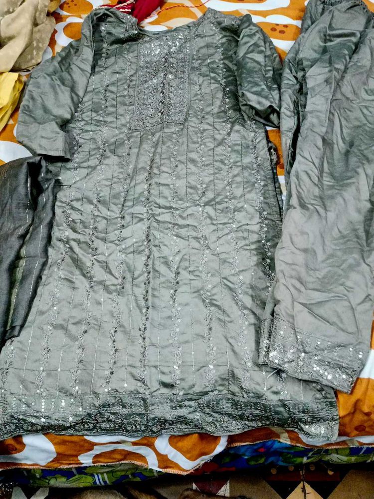 Gray Partywear Kurta Set