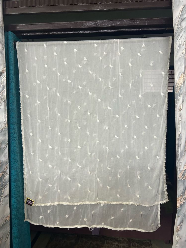 White Embroidered dyeable Net Dupatta