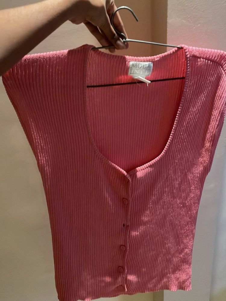 Coral Ribbed Button-Down Top