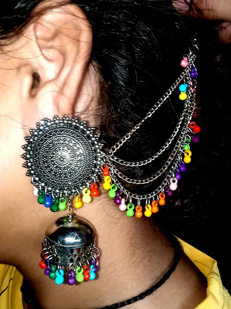 Oxidised Multi Colour Earrings With Mangtikka 🖤🌈