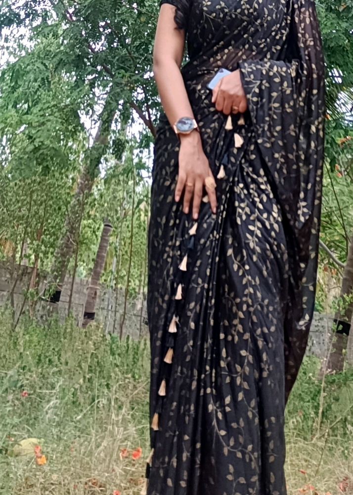 Black Party Wear Saree With Golden Hassels