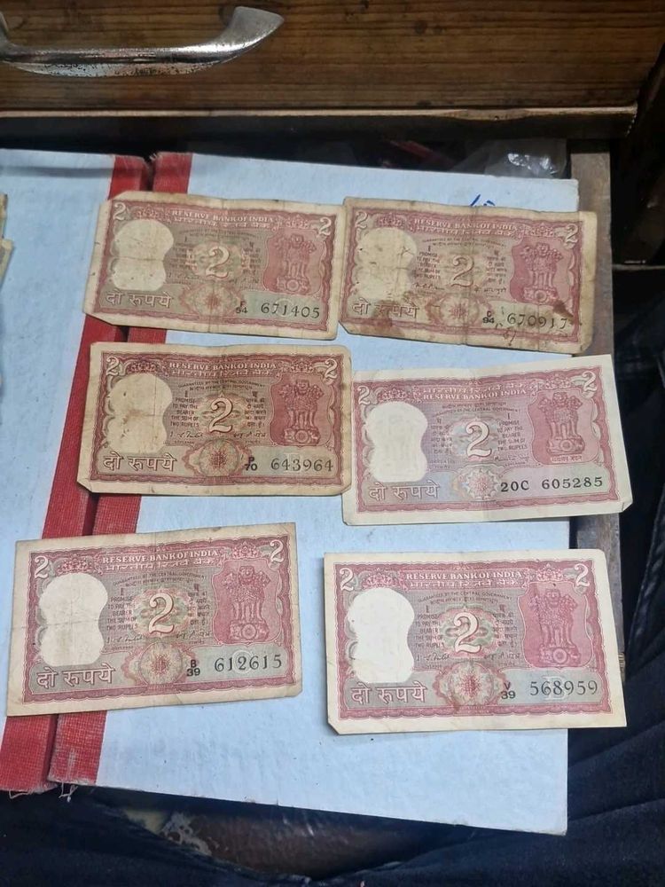 Vintage Indian 2 Rupee Banknotes 6 Pcs Lot