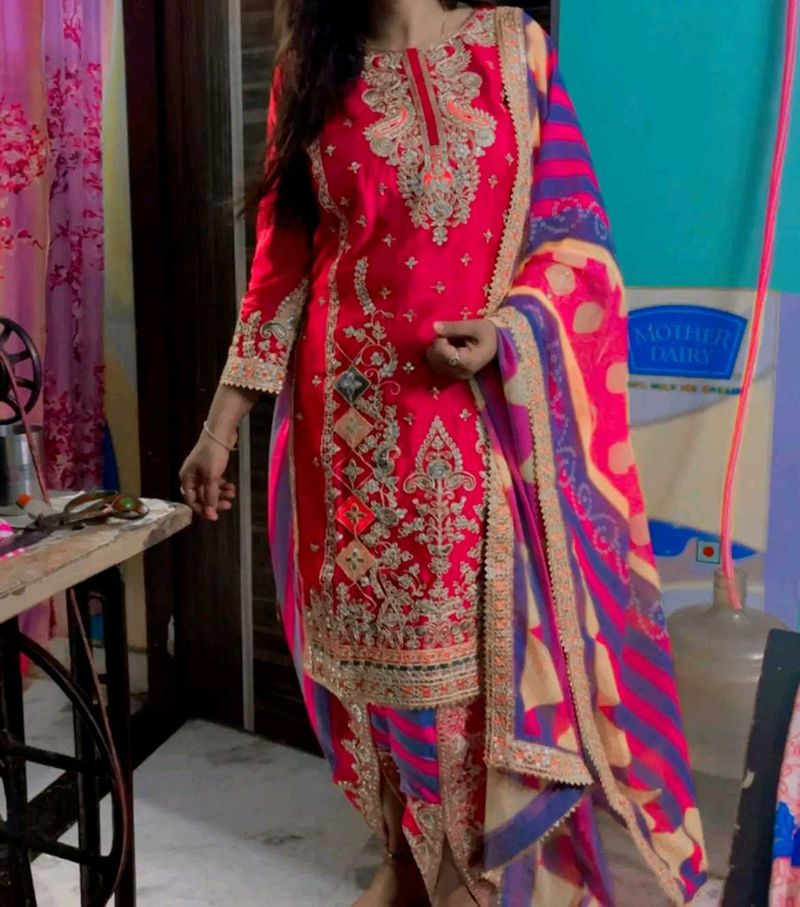 Red Embroidered Kurta Set