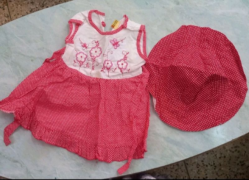 Red &amp; white Combination Frock With a Hat