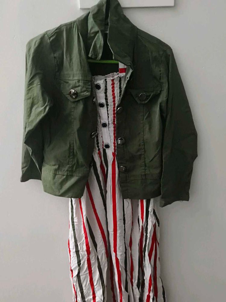 Striped Dress with Olive Jacket