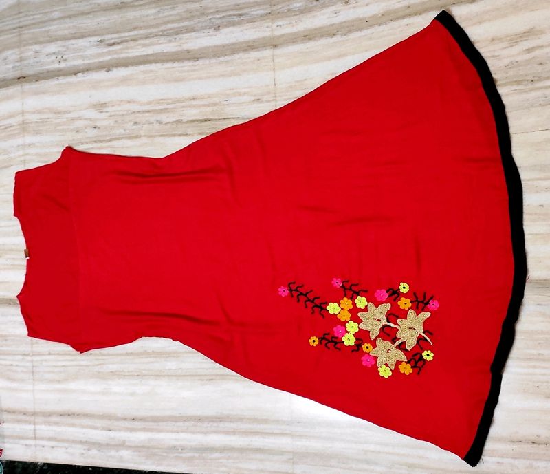Red Long Frock With Woolen Embroidery