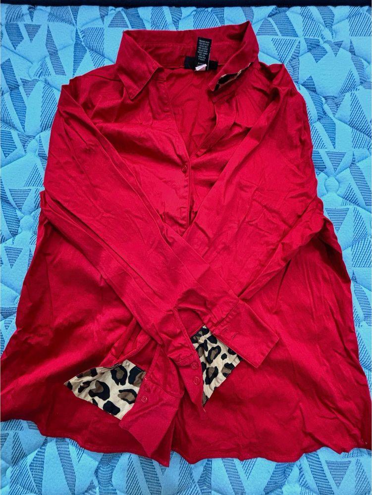 Red Animal Print Cuff Shirt