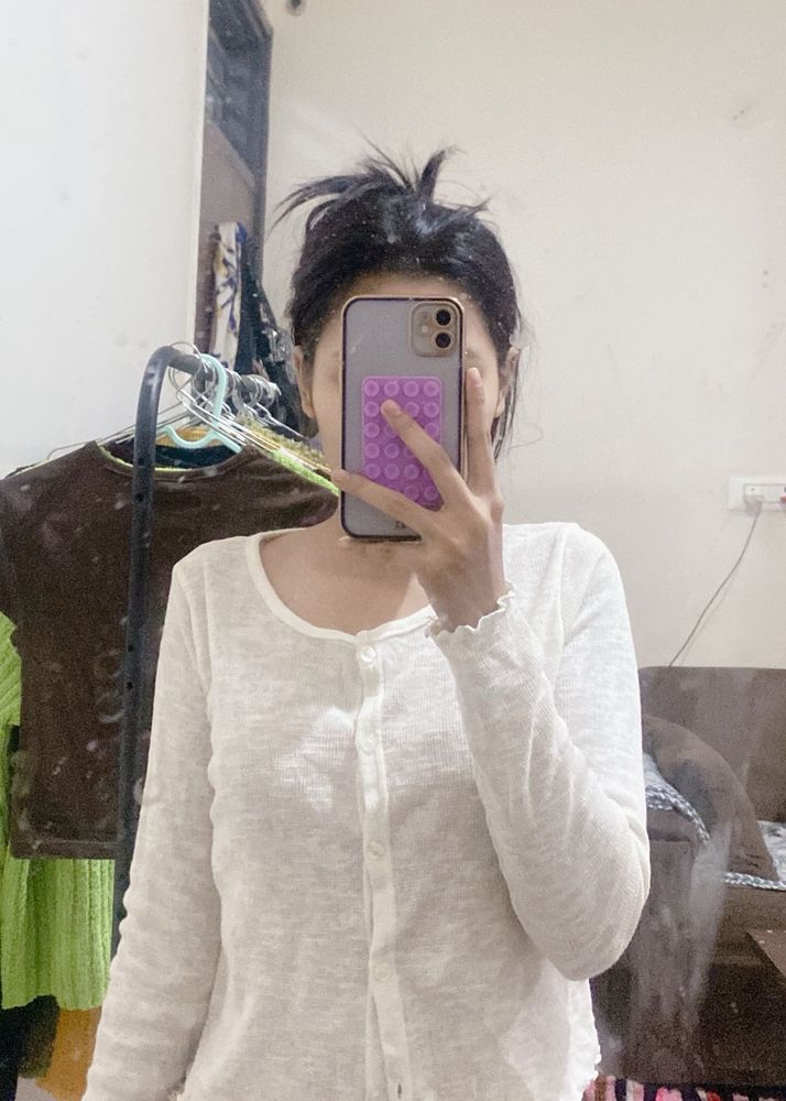 Korean White Button-Down Long Sleeve Top