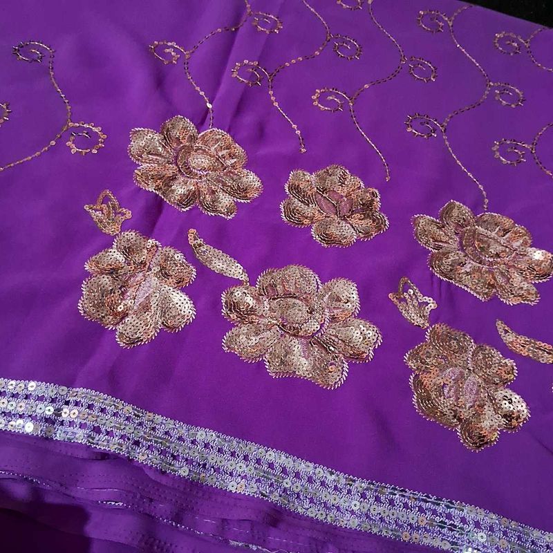 Purple Sequin Saree With Stitched Blouse